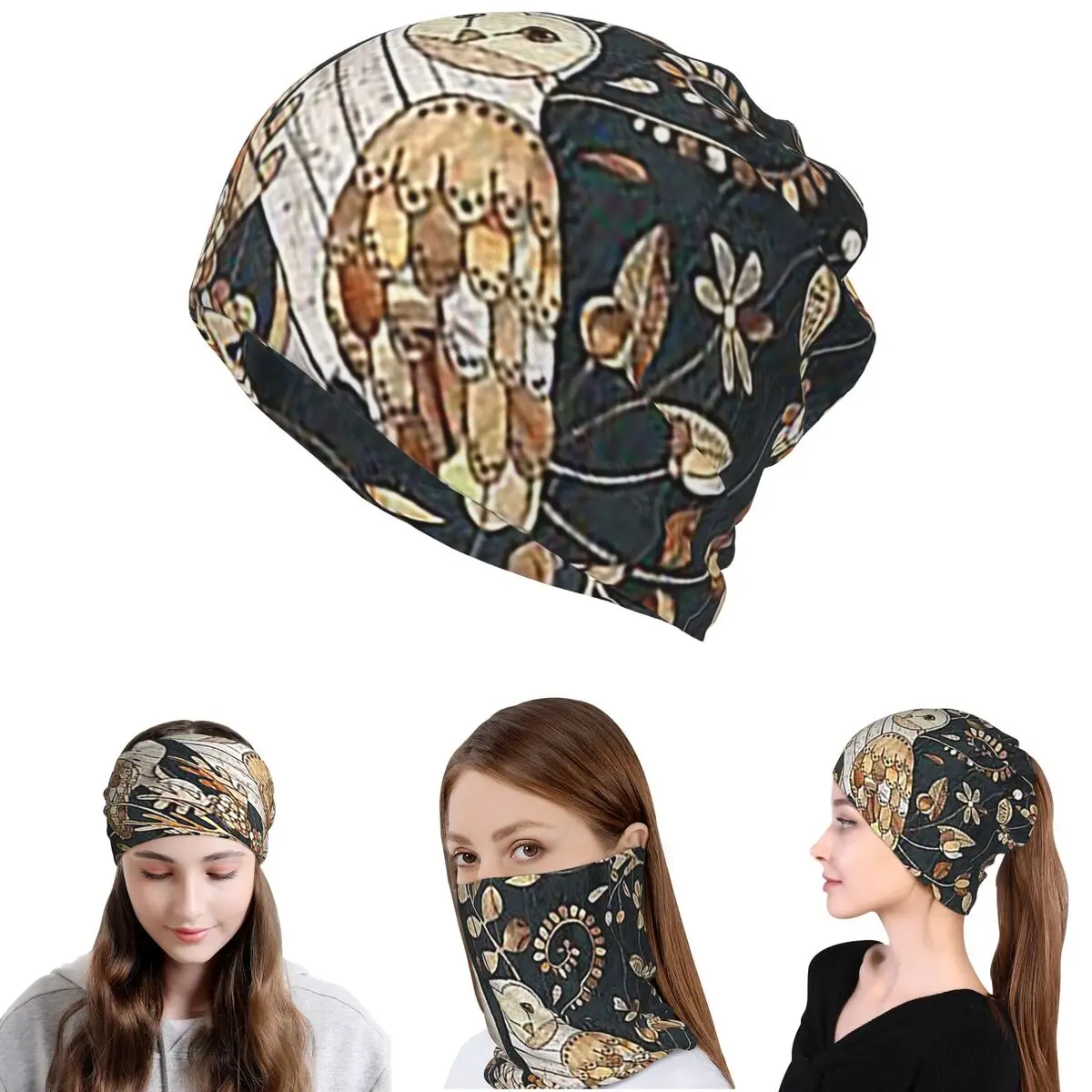 Wooden Wonderland Barn Owl Collag Bandana Neck Gaiter Wrap Mask Scarf Multi-use Headwear Beanies Hat Men Women Adult Breathable