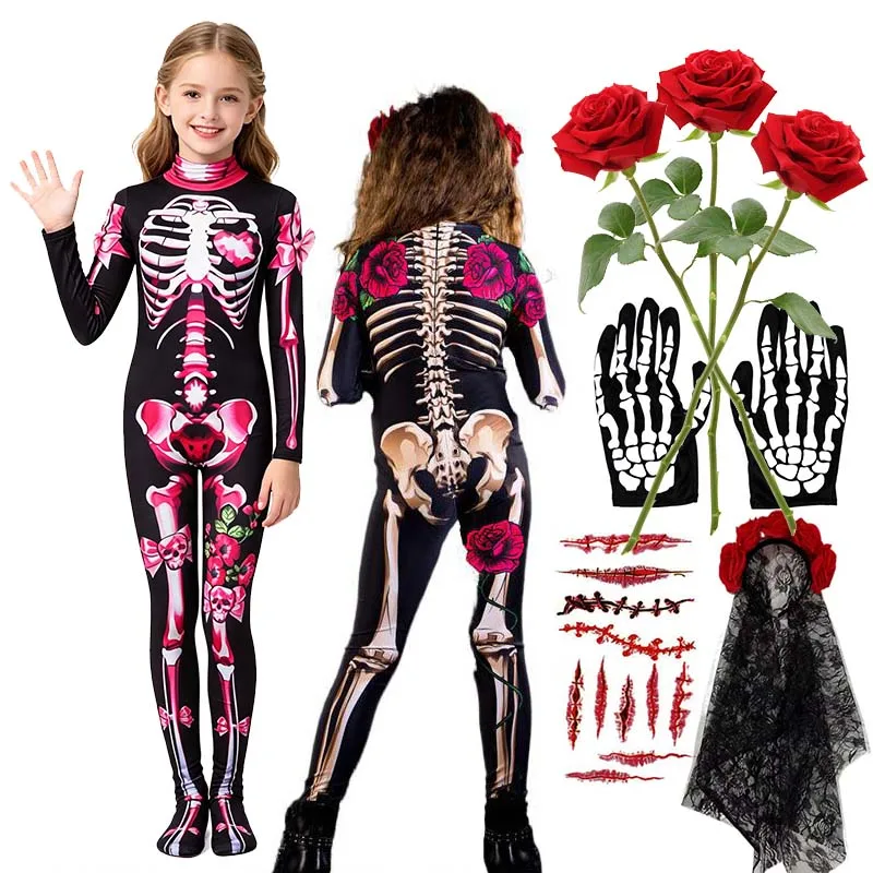 Halloween Kids Ghost Bride Eerie Costume For Girls Boys Skeleton Rose Print Jumpsuit Rose Flower Wreath Children Stage Outfit