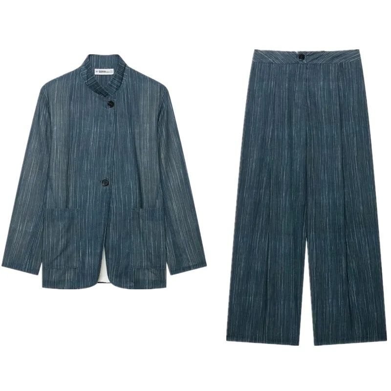 New 2026 Early Autumn Women's Fashion Stripe Pattern High Waist Suit Jacket Stand Collar Outerwear with Long Pants image 5