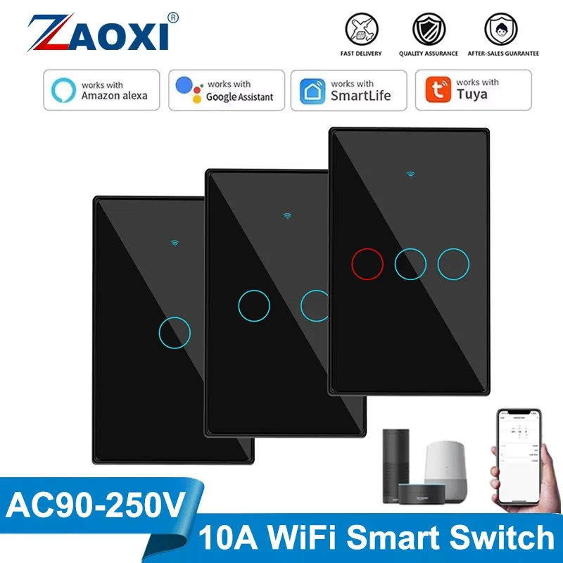 

Tuya WIFI Touch Wall Switch AC90-250V 10A 1/2/3 Gang APP Timing Alexa Google Home Voice Remote Control Wireless Smart Switch