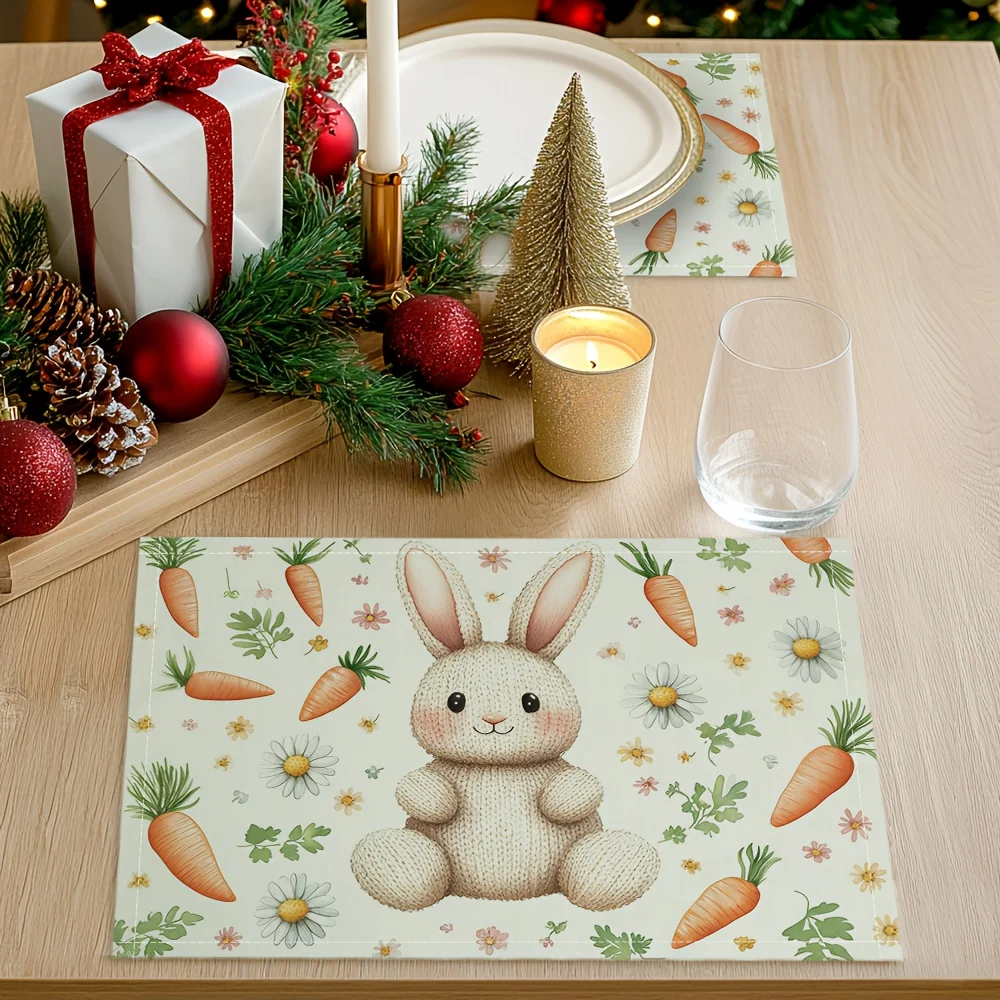 1PC Cute Bunny & Carrot Daisy Print Placemats - Washable Linen Table Mats with Pastel Floral Design