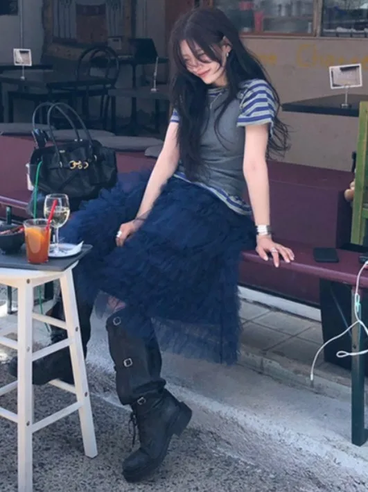 

Retro Striped T-irt Women's Summer New Sle Layered Vest Me Cake f Skirt Tee-piece Set Ladies Faion Clothing