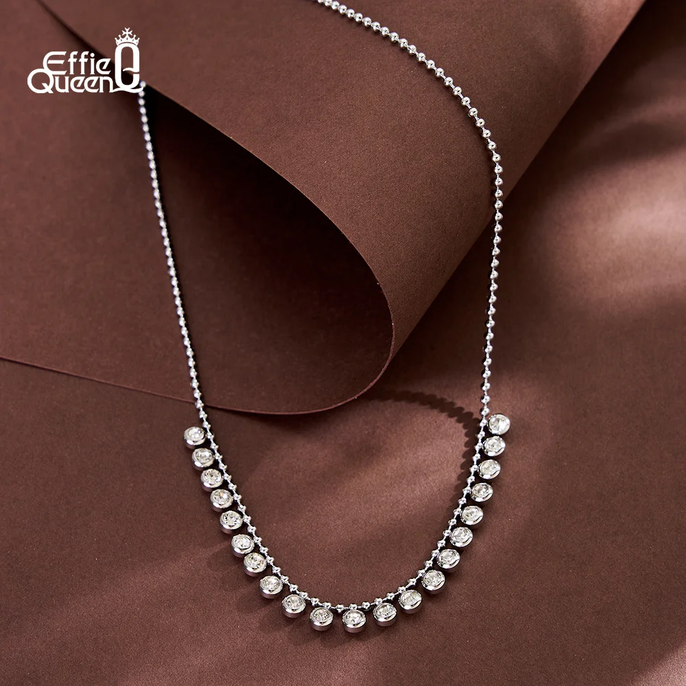 EFFIE QUEEN 18K Gold Plated Beads Cubic Zircon Necklace Sparkling Clavicle Chain for Women Stainless Steel Waterproof STKN42