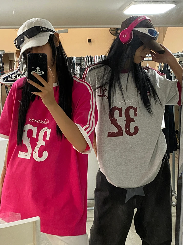 ADAgirl Sporty Oversized T Shirt Women Streetwear Basketball Short Sleeve Tees Y2k Print Cotton Tops Harajuku Aesthetic Clothes