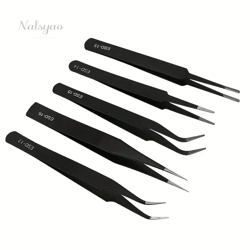 Precision ESD Anti-Static Tweezers Set 6-PC Stainless Steel Tool for Electronic Repair Bending Process Modeling