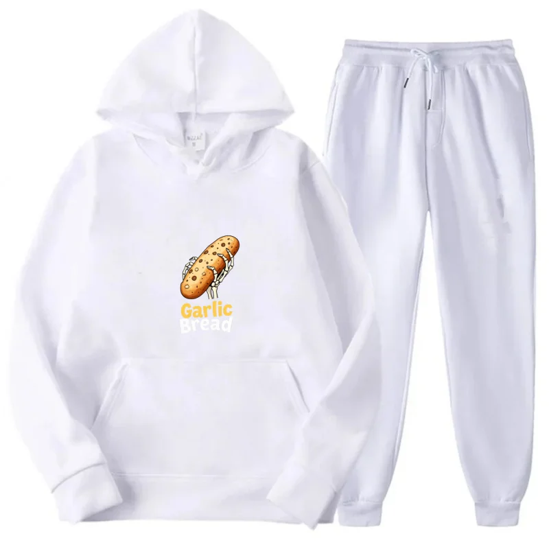 طقم هوديي رمادي بنمط ونص مطبوع عليه خبز الثوم