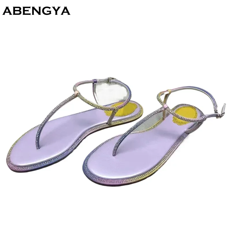 

Летние шлепанцы, кожаные сандалии, женские пляжные туфли на плоской подошве с круглым носком и кристаллами, дизайнерские женские богемные сандалии, женские сандалии