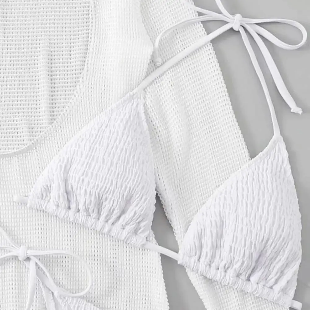 3Pcs/Set Bikini Set Halter Chest Pad No Steel Support Bra Lace-up Bikini Briefs Set With Cover Up Dress Wrinkle Split Swimsuit