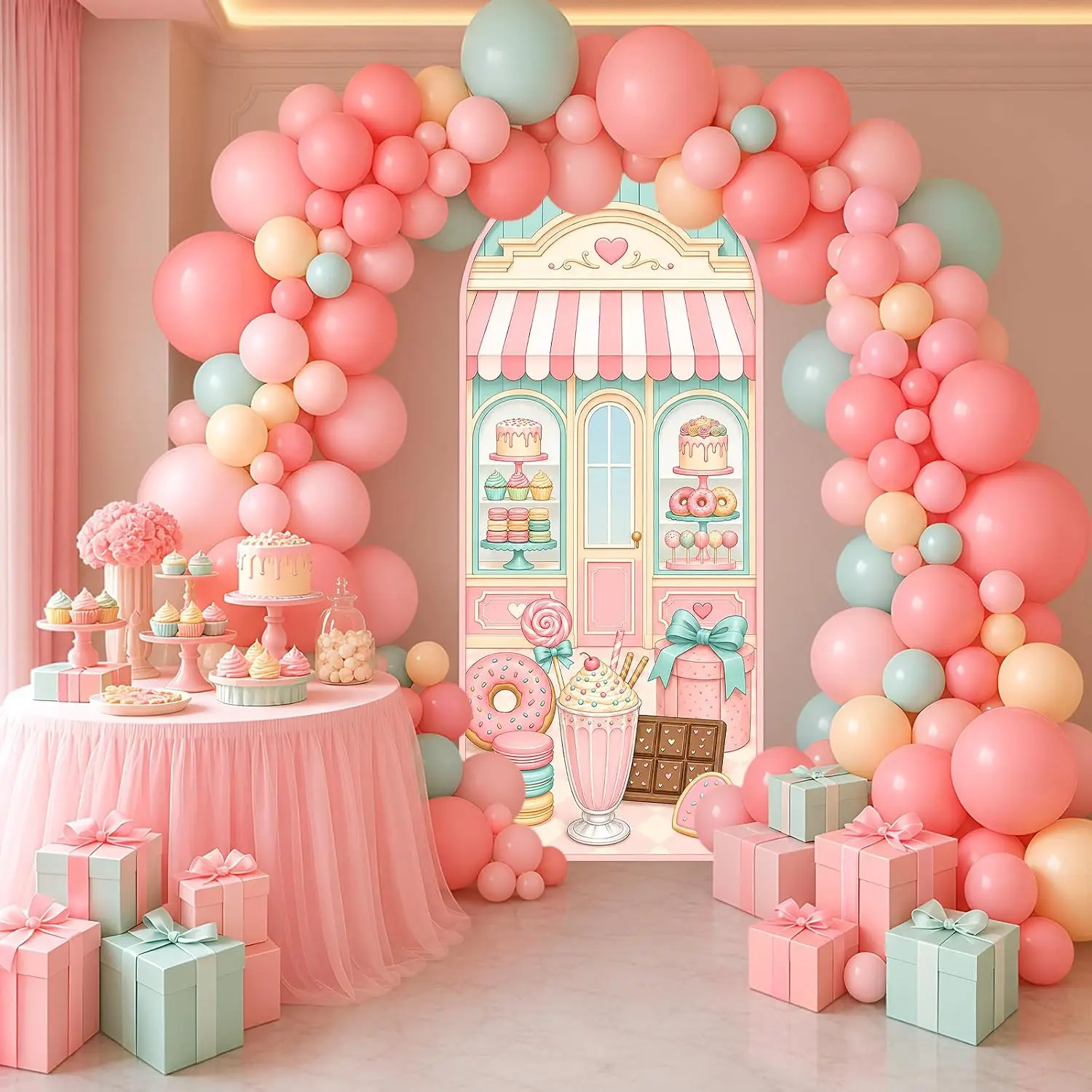 Custom 2-sided Pink Sweet Shop Arch Backdrop Cover Ice Cream Shoppe Donut Bakery Shoppe Background Girls Birthday Party Props