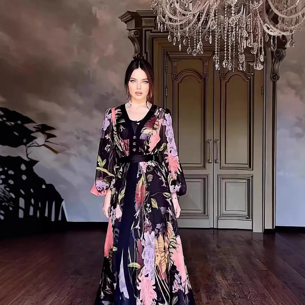 

2026 European and American fashion temperament new long sleeved women's dress with free suspender two-piece set, stylish