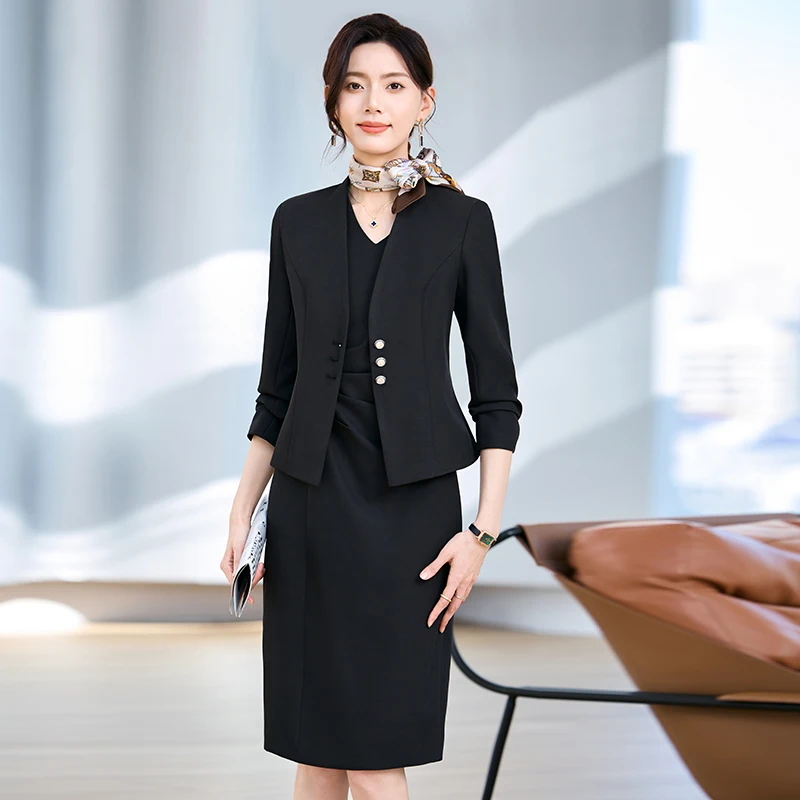 Navu moda cinza vestido terno feminino negócios temperamento manga longa fino blazer e vestidos escritório senhoras uniforme de trabalho estilo ol
