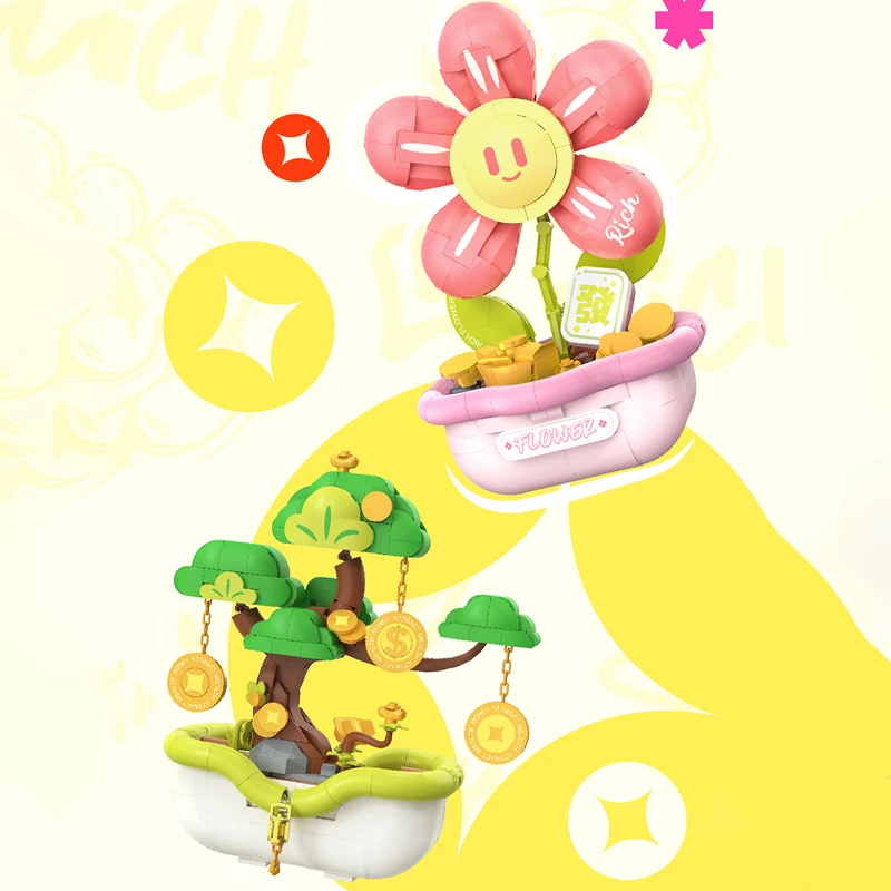 Microjuguetes de bloques de construcción de plantas en maceta con flores bonitas, adorno de escritorio Kawaii, modelo de ladrillos de árbol rico, regalos para niños y adultos