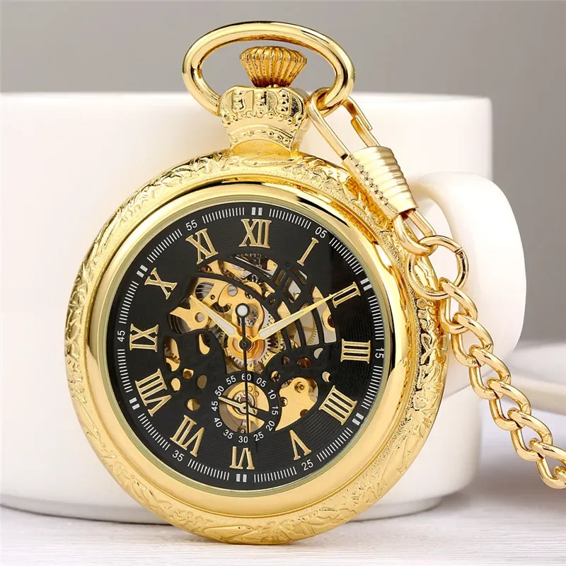 Luxury Yellow Gold Unisex Handwinding Mechanical Pocket Watch Roman Number Display Luminous Hands Pendant Chain Gift