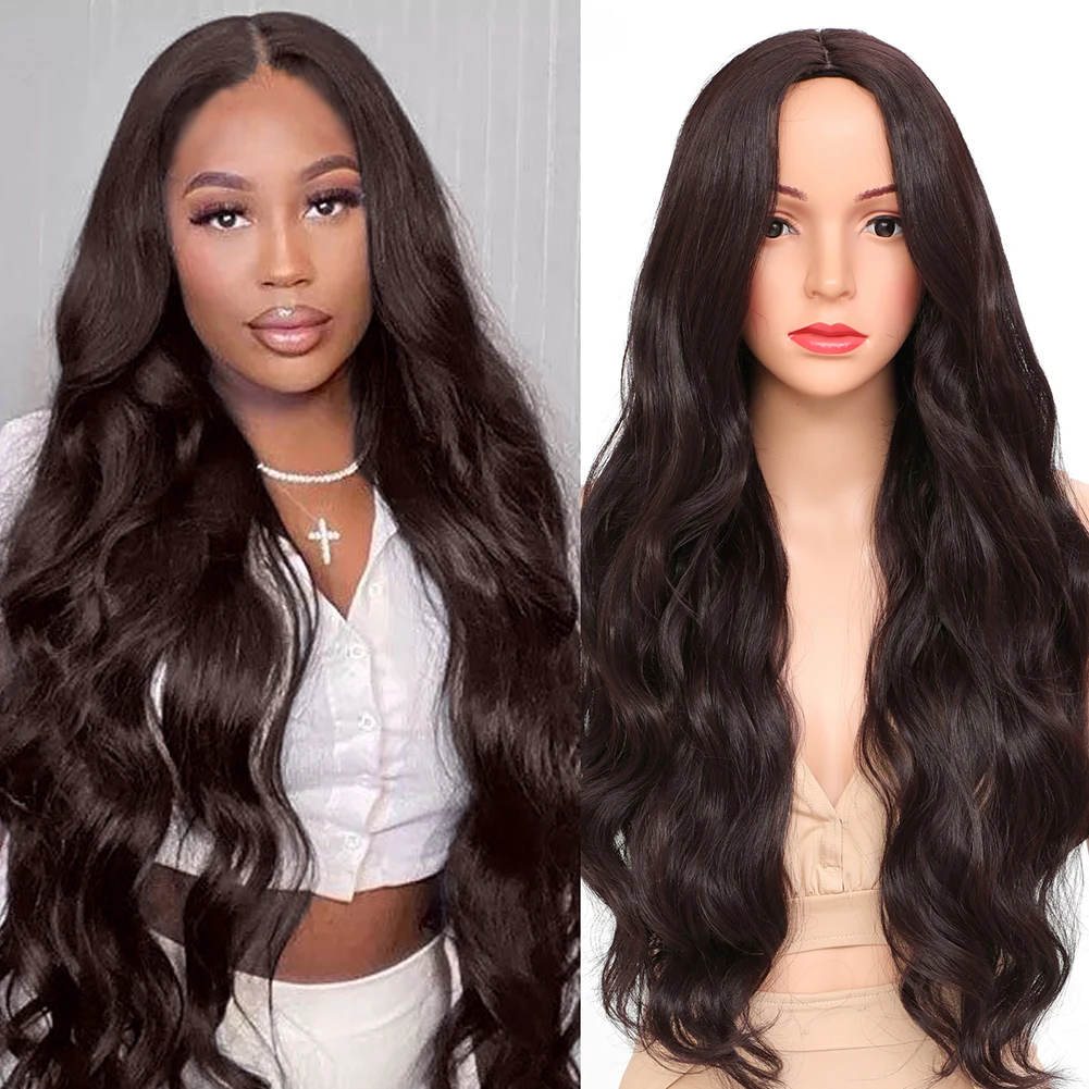 28inch Synthetic Body Wave Wigs For Black Women Dark 99J Middle Part Synthetic Wigs High Temperature Fibers Synthetic Wigs