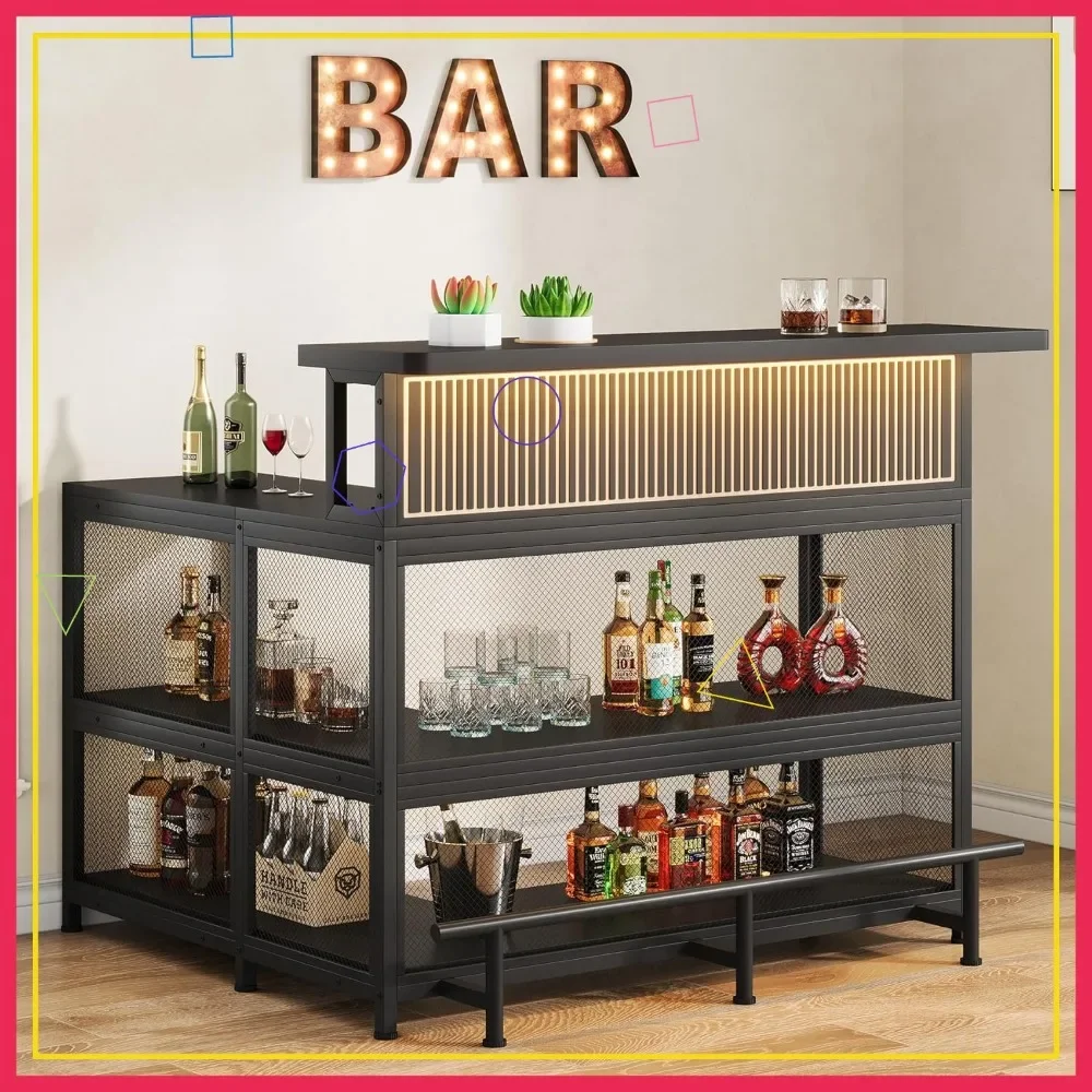 

Modern L-Shaped Bar Table with LED Light, Wine Glass Holder & Storage Shelves for Home Pub Kitchen
