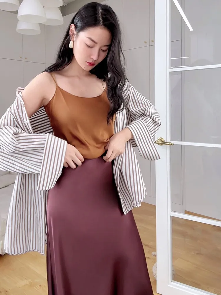 

Comfortable Multi-Color 9 Momme Elastic Silk Satin Csole Tank Top Base irt Casual Commute Sle Straight Cut Single Piece