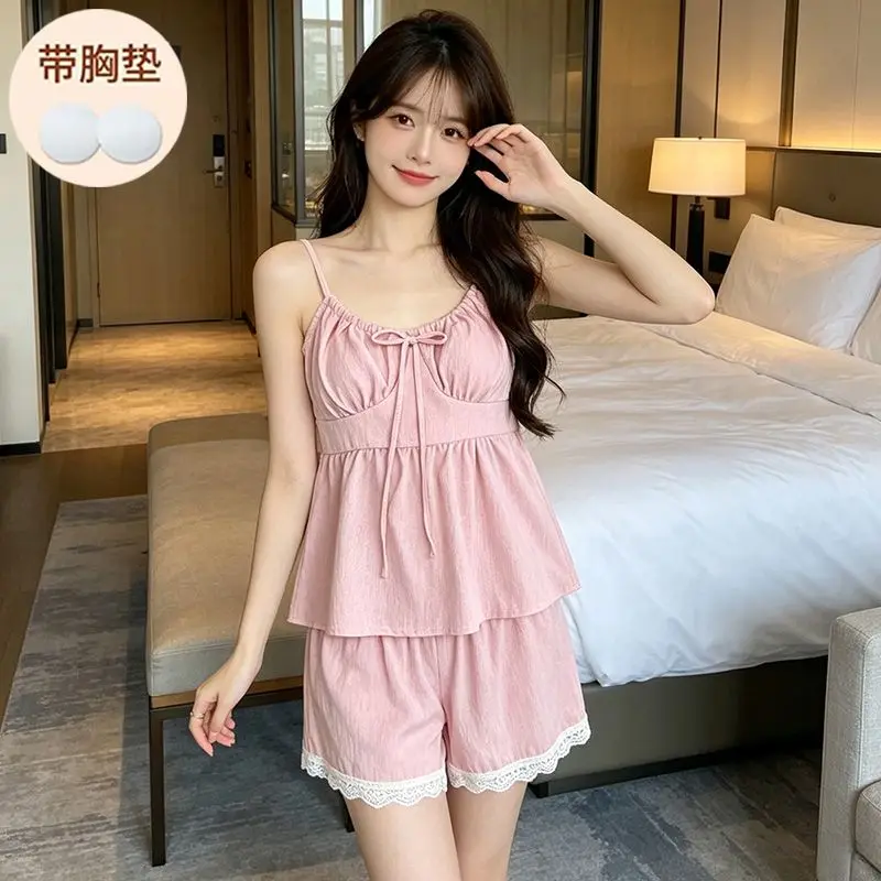 

Летние сексуальные комплекты пижам из хлопка на тонких бретелях 2026 года для женщин: корейская милая домашняя одежда и пижамы (Pijama Mujer)