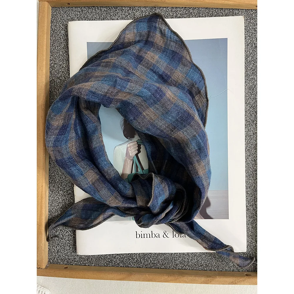

Women's Linen Checkered Triangle Scarf - Thin, Versatile Yarn-Dyed Neck Scarf