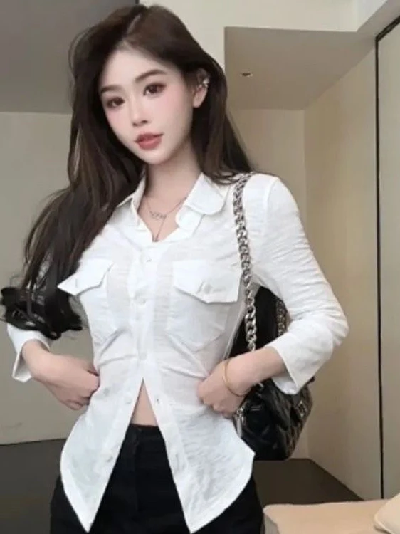 Ele Pure Desire Sexy Long Sve irt Women Early Spring Slim Waist Belted  Collar White Open Cardigan Top