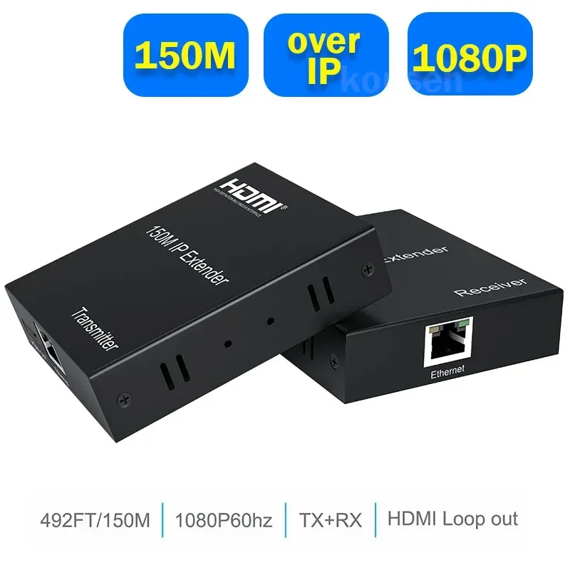 150M HDMI Extender over IP Cat5e/6 Cable 1080P HDMI Rj45 Ethernet Video Extender with Loop out Support Many RX by Gigabit Switch