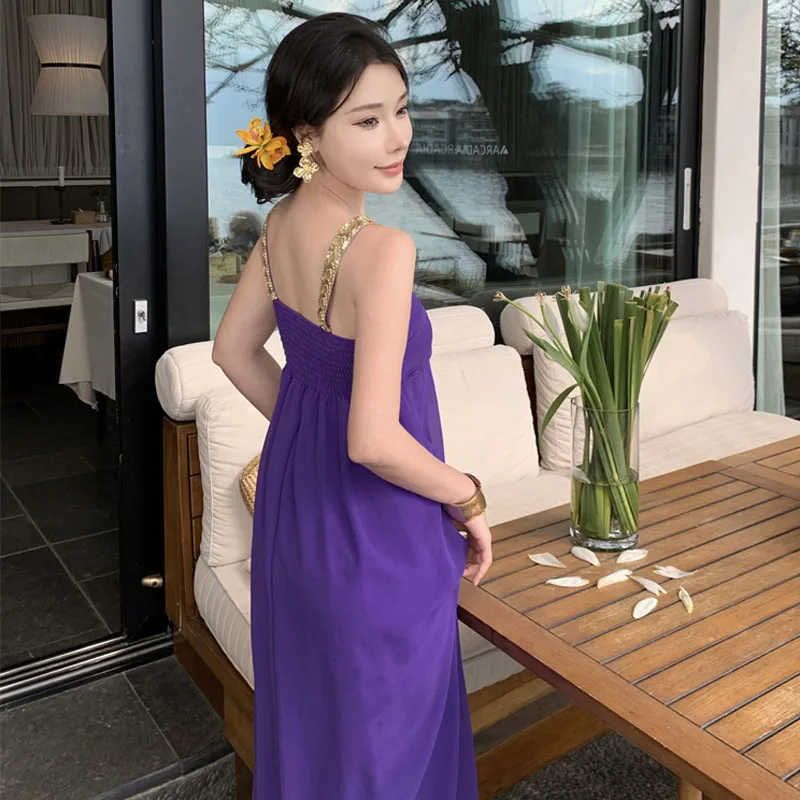 Summer Fashion Sexy Off Shoulder Backless Boho Party Maxi Dress Retro Temperament Purple Chiffon Casual Holiday Beach Long Dress