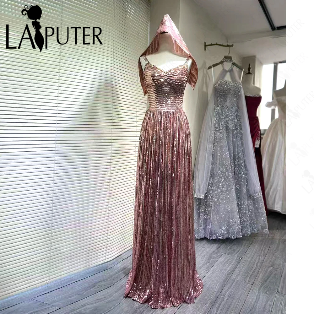 Rose Gold Sequin Prom Dresses with Hats Crystal Straps Evening Gown  Open Low Back Flowing Ruched A line Celebrity Formal Dress