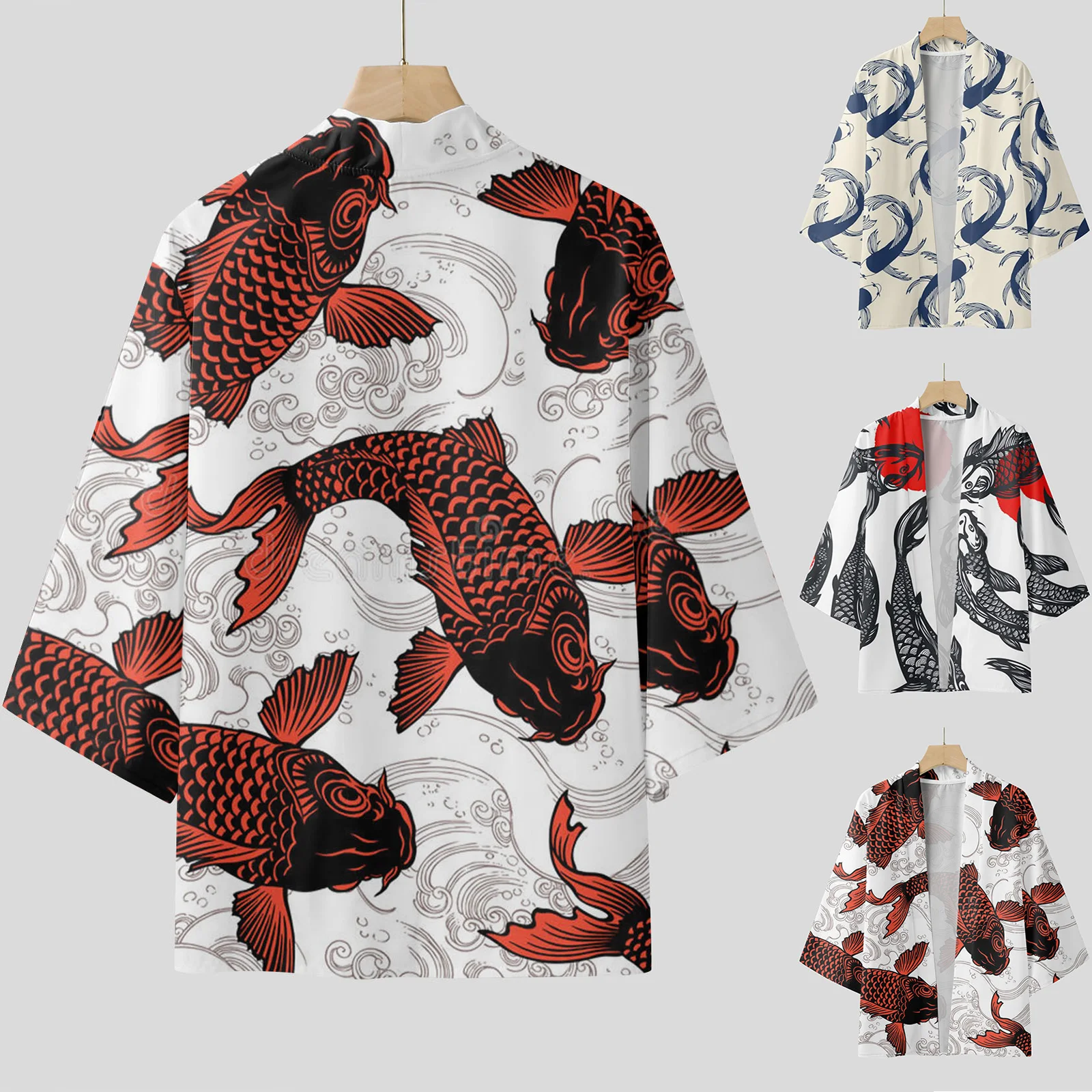 

Kimono Cardigan Men’s Japanese Yukata Men’s Shirts Japanese Wave Carp Print Jacket Traditional Clothing Camisas Hombre