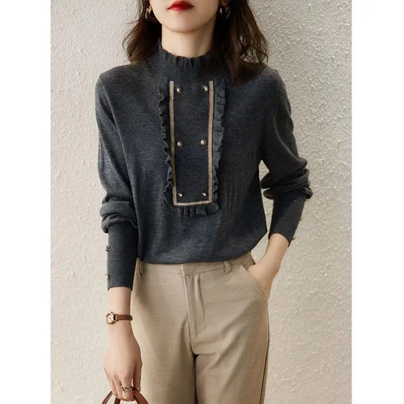 Autumn Winter New Solid Color Half High Collar Long Sleeve Sweater Women High Street Pullovers Elegant Edible Tree Fungus Tops