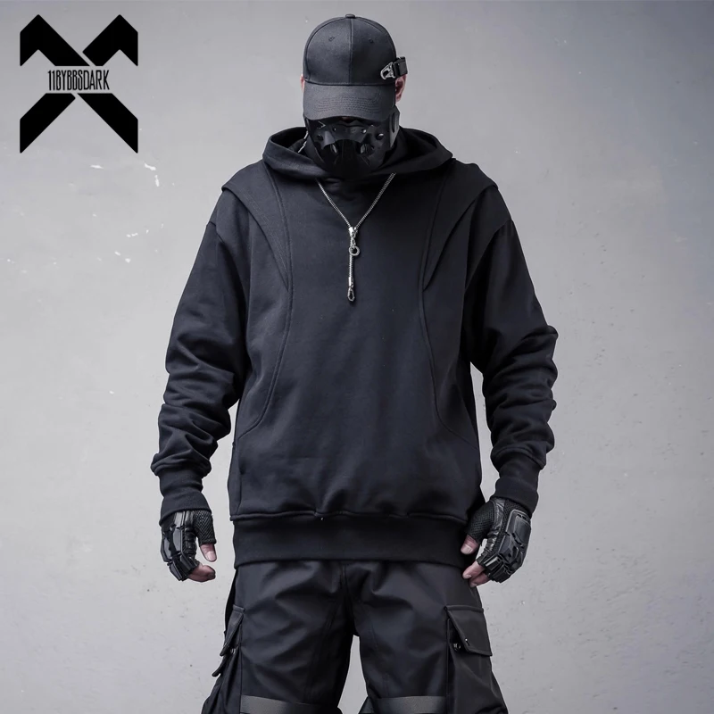 Techwear Patchwork Hoodie 2025 Functional Tactical Hooded Sweatshirt Pullover Hip Hop Streetwear Harajuku Hoodies Black