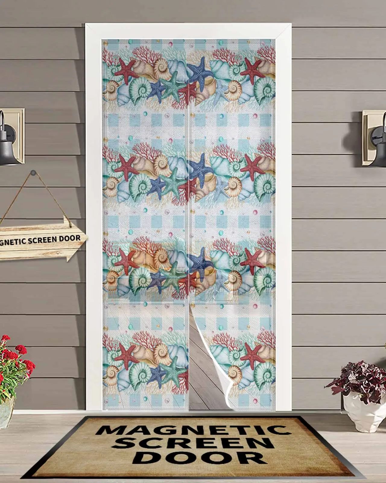 Cortina de puerta magnética de estrella de mar de vida marina a cuadros azules, cortina de puerta con pantalla antimosquitos para sala de estar y dormitorio