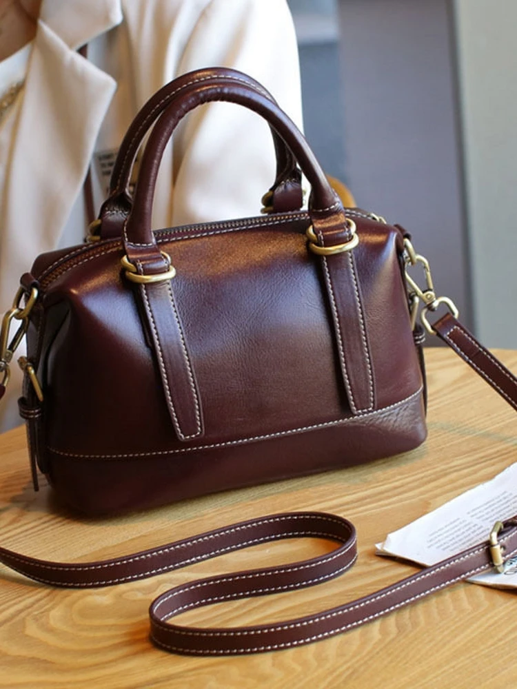 Spring 2026 New Style Genuine Leather Boston Shoulder Crossbody Bag Women's Versatile Handbag Top Layer Cowhide Small Bag