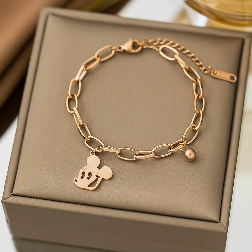 

Disney Cartoon Mickey Mouse Gold Plated Stainless Steel Bracelet Girls Luxury Gift Adjustable Jewelry Party Charms Accessories