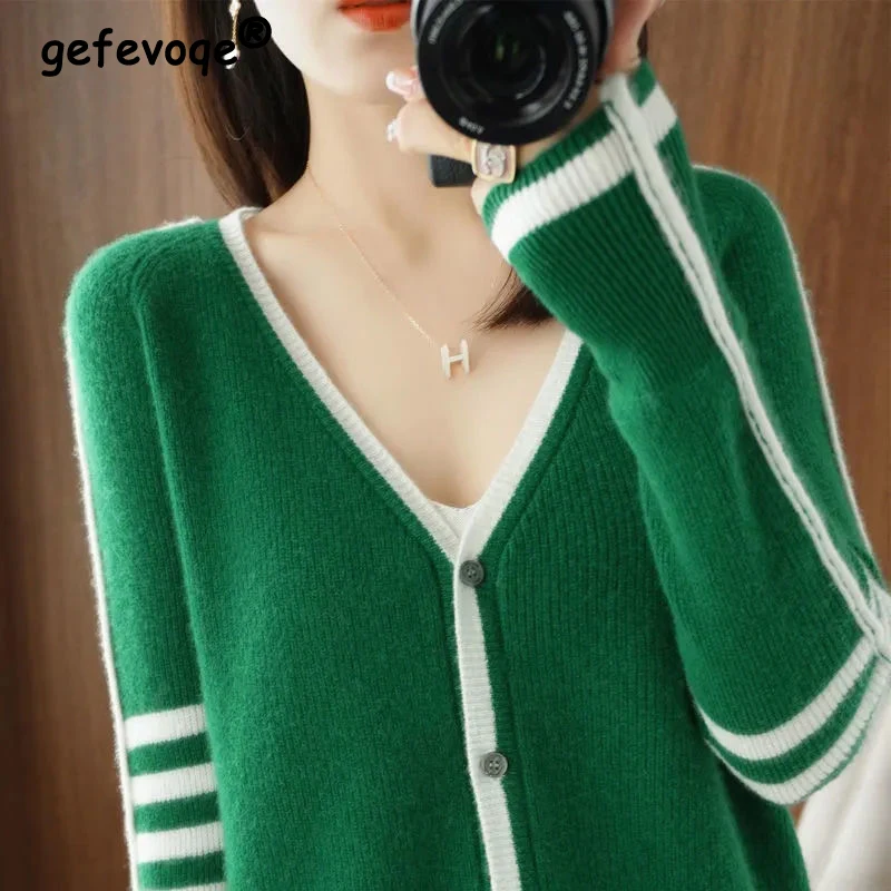 

Korean Style Contrast Color Loose Soft Sweet Single Breasted Knitted Cardigan Women Casual V-neck Long Sleeve Sweater Coats Tops