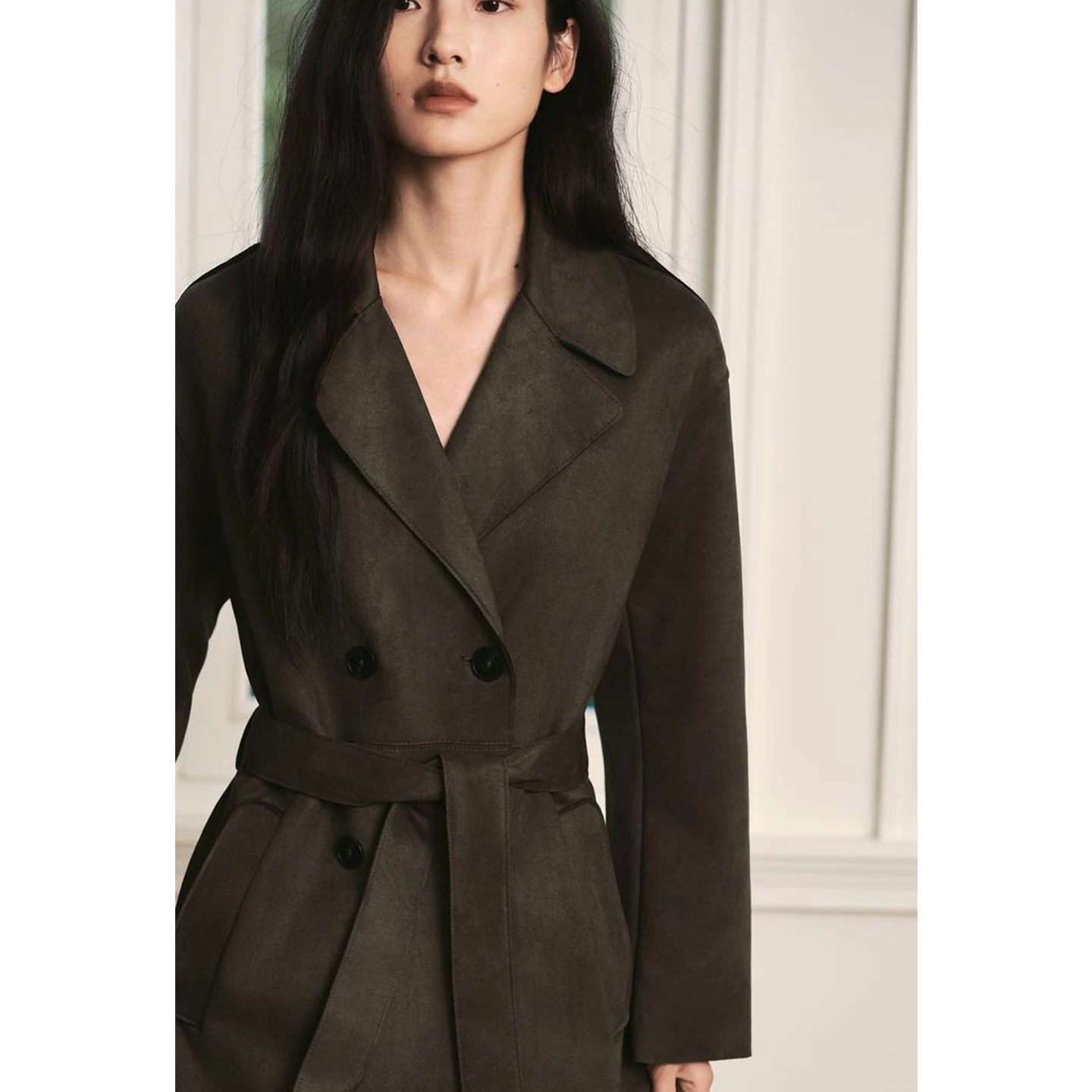 معطف نسائي جديد لموسم الخريف بتصميم بسيط وأكمام طويلة بتأثير الجلد الصناعي، سترة طويلة للحماية من الرياح 4968230