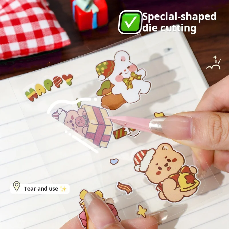 8 hojas/juego de pegatinas impermeables con tema de conejo de dibujos animados de Navidad, lindo muñeco de nieve, oso, pegatinas para mascotas, decoración, papelería, venta al por mayor