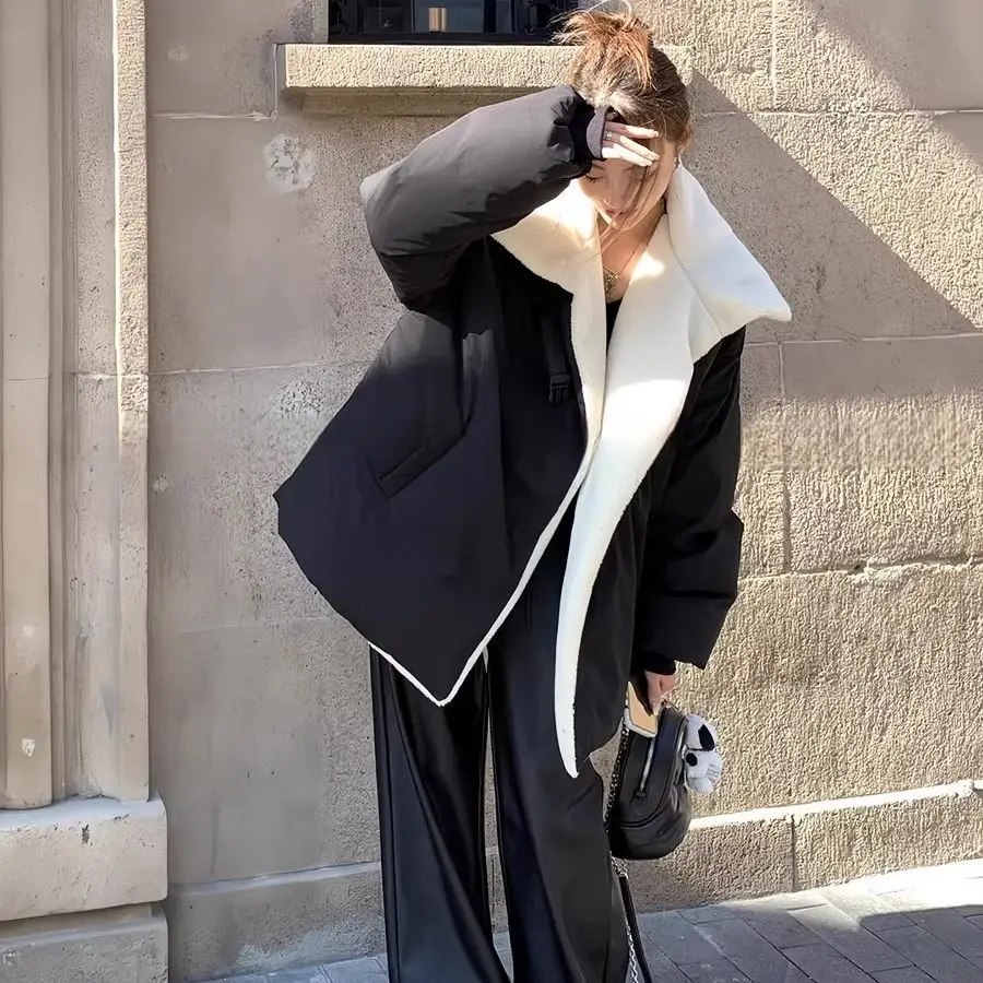 

Women Winter Lamb Wool Down Jacket Loose Oversized Thickened Black Coat 90 White Duck Down