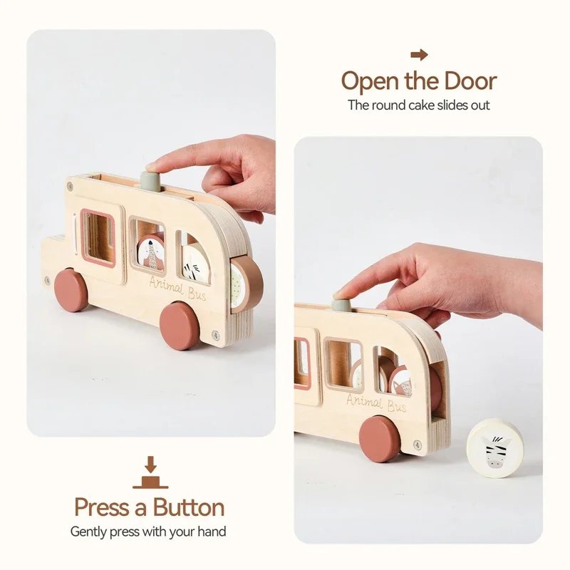Wooden Bus Montessori Hand-pushed Car Hand-eye Coordination Exercise Toys Parent-child Interactive Games Gifts