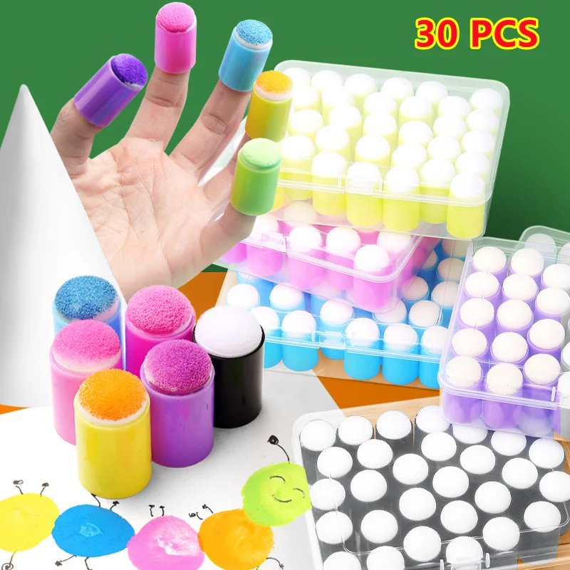 30PCS Craft Finger Sponge Daubers Drawing Project Finger Painting Sponge with Box for Card Making, Painting, Stamping, Ink