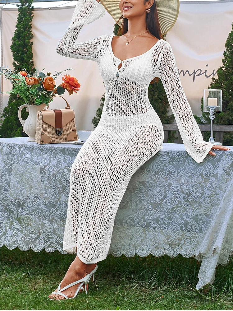 فستان ماكسي نسائي مثير شفاف من NewAsia برقبة دائرية وأكمام طويلة بدون ظهر ورباط لحفلات أعياد الشاطئ صيفي أبيض