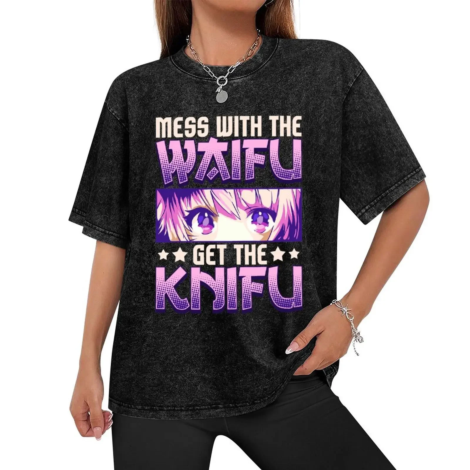 Mess With The Waifu Get The Knifu Cute Anime Girl T-Shirt plain customizeds slim fit t shirts for men