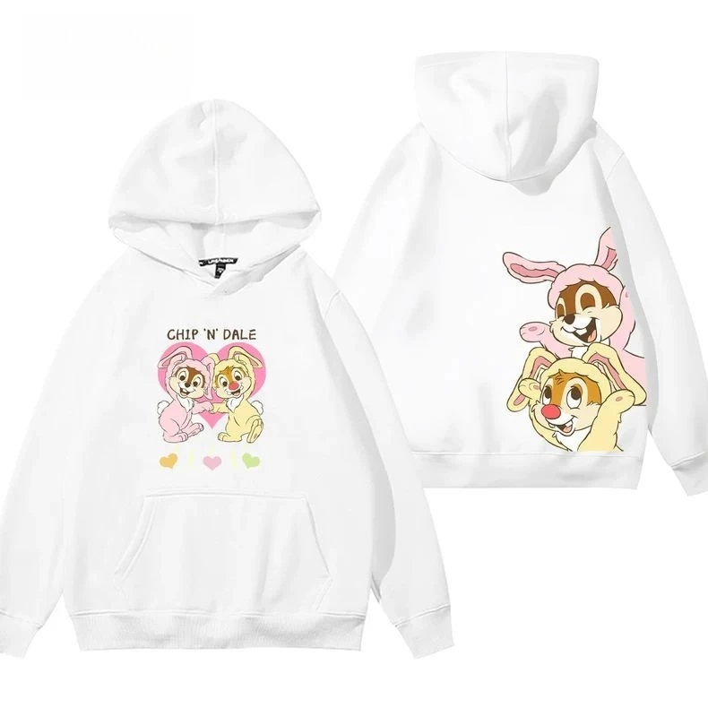 

Disney Chip N Dale Hoodie Unisex Cotton Fleece Pullover 2025 Autumn Winter Graphic Sweatshirt White Base Front Left Chest Chip