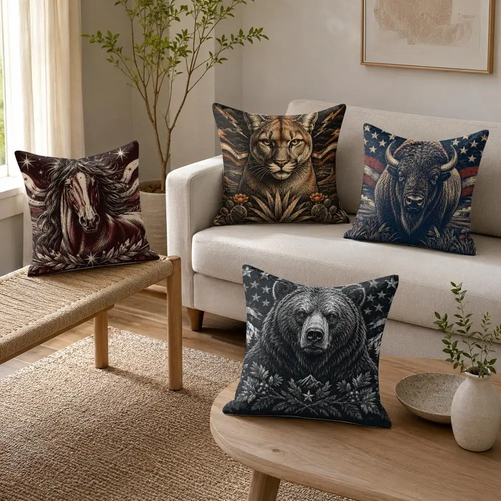 Patriotic Wild Creatures Cushion Cover Soft Plush Throw Pillow Cushion Cover｜Double-Sided Pillow Case for Sofa Home Decor