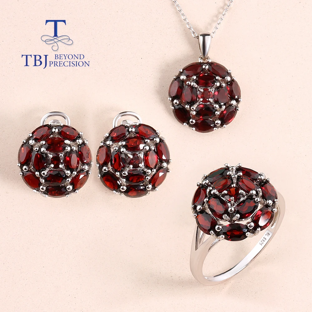 

Natural Red Garnet Ring Earrings Necklace Jewelry Set 925 Silver Women Fine Jewelry Anniversary Gift