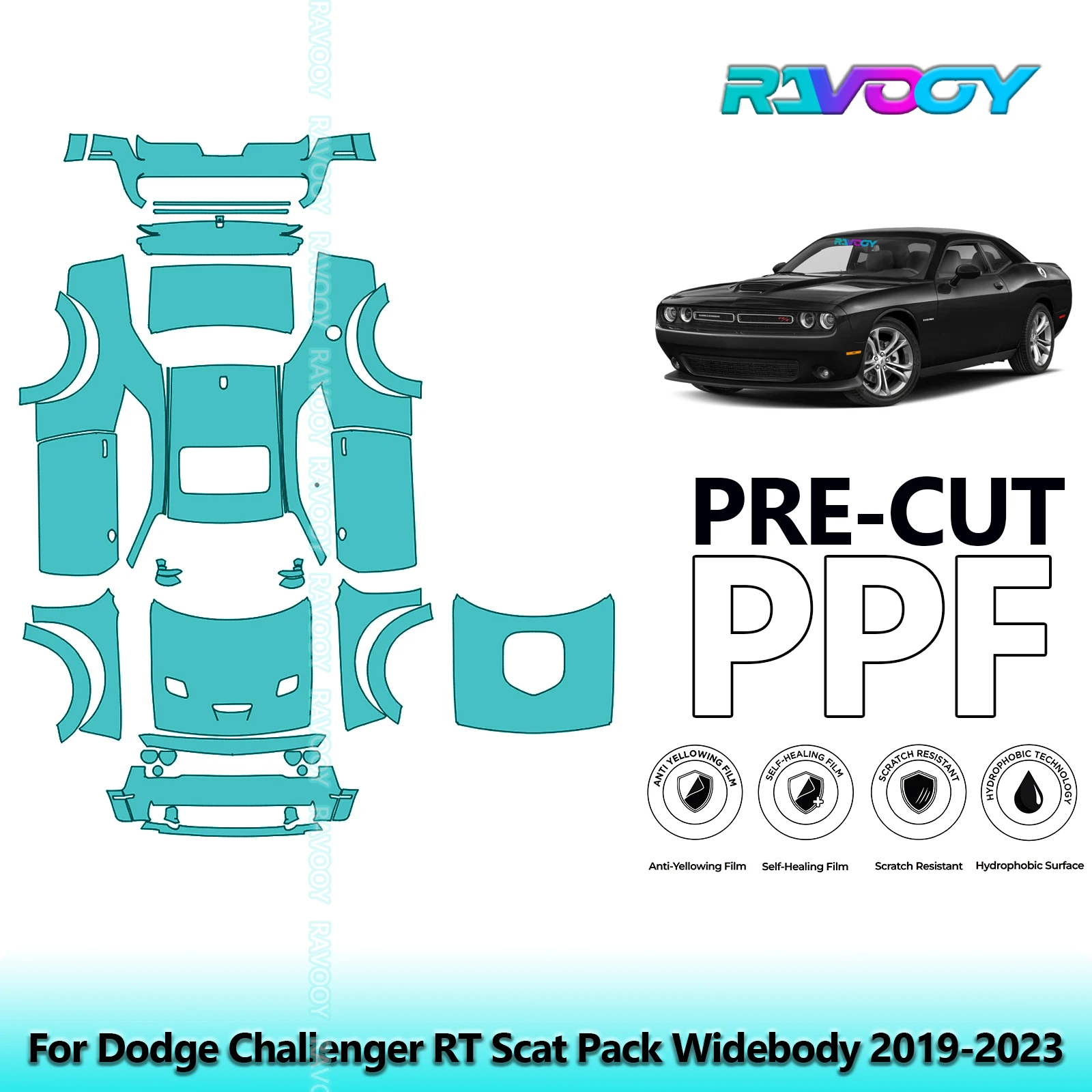 RAVOOY Custom-Fit Precut TPU PPF Full Vehicle Clear Bra Stone Guard EU UK For Dodge Challenger RT Scat Pack Widebody 2019-2023