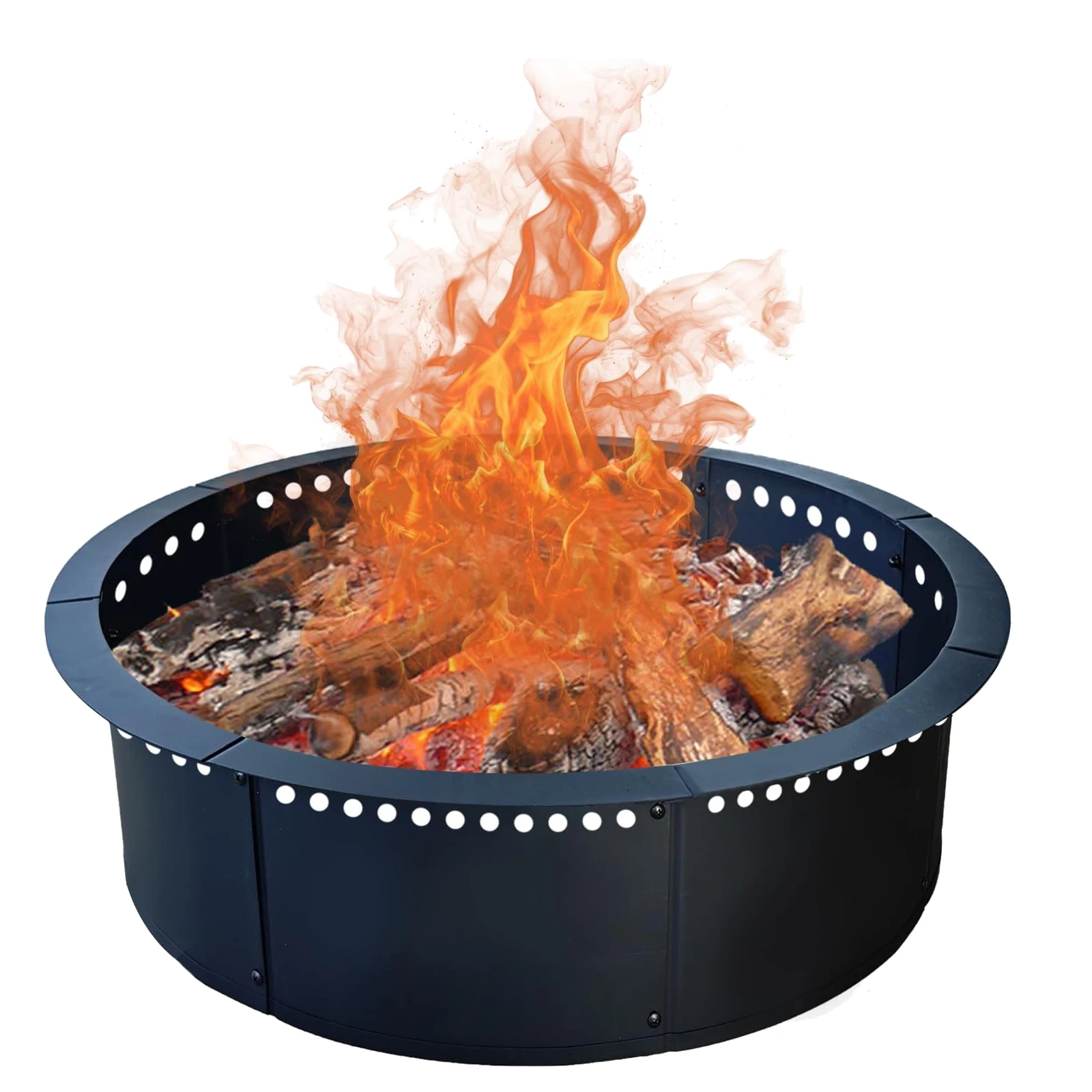 48/60 in Smokeless Metal Fire Pit Ring with Easy 8-Piece Iron Sheet Assembly, Ventilation Holes for Full Wood Burn, Painted Rust-Proof Steel,Camping Garden Backyard