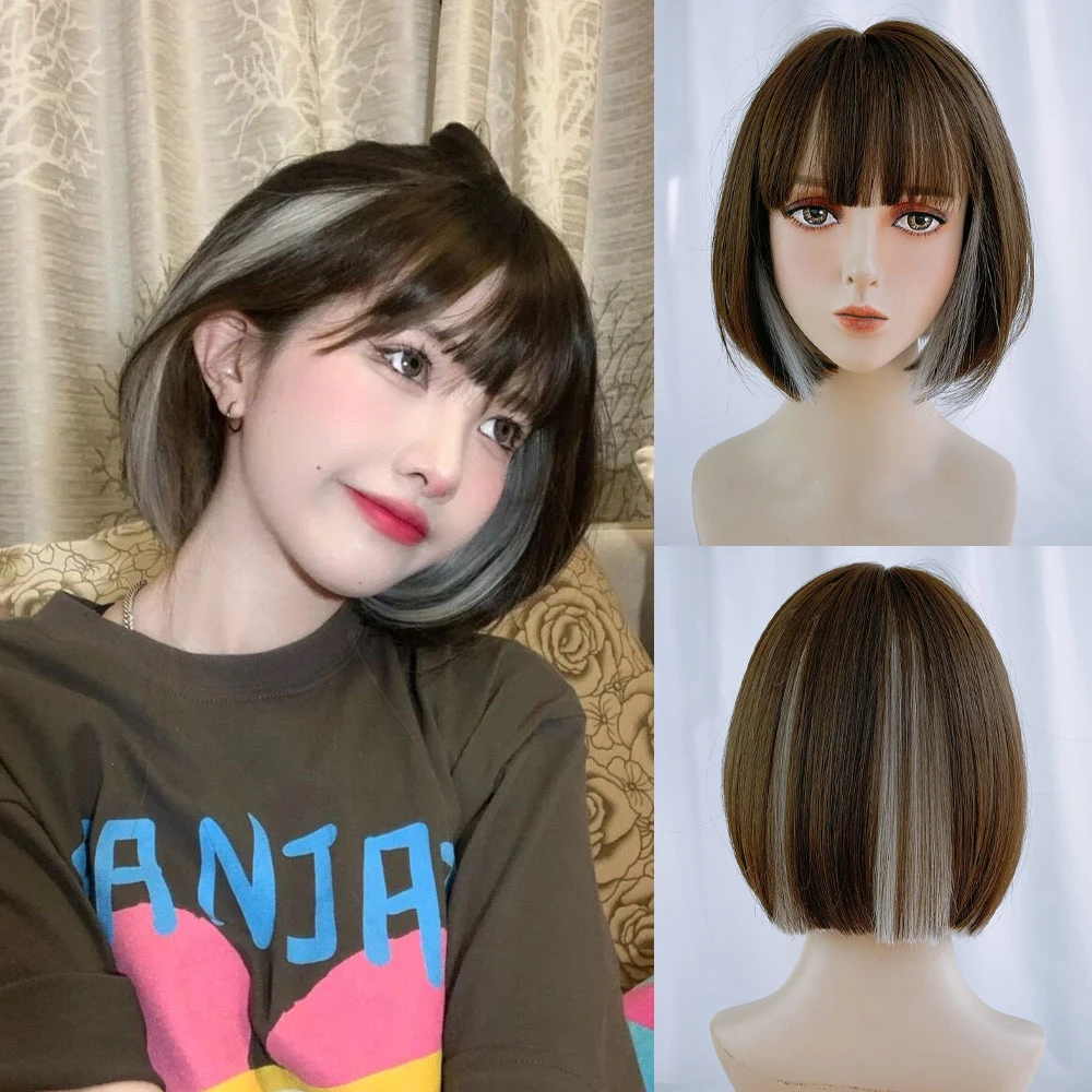 

Synthetic Brown Gray Mix Short Bob Straight Wigs with Bangs Women Lolita Cosplay Hair Wig for Daily Party