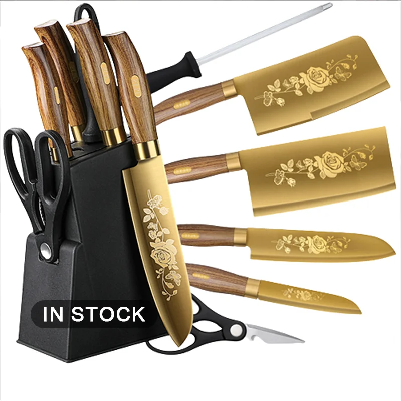 

Factory Golden Kitchen Knife Set Stainless Steel Blade and Wood Grain Plastic Handle With Gold Titanium Coated Chef Knife Set