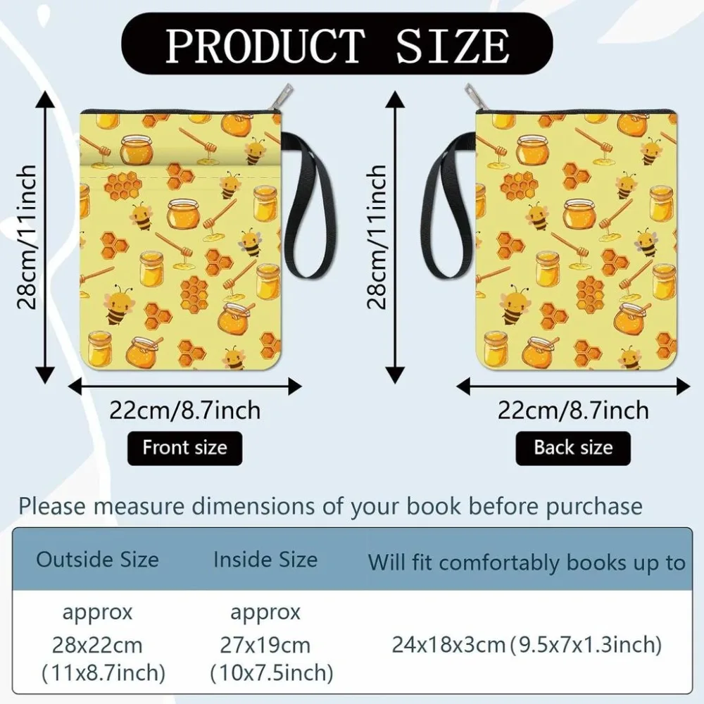 Bee Book Sleeve Yellow Book Cover Cloth Washable Animal Bees Honey Books Notebook Paperback Bag Protectors with Zipper and Extra