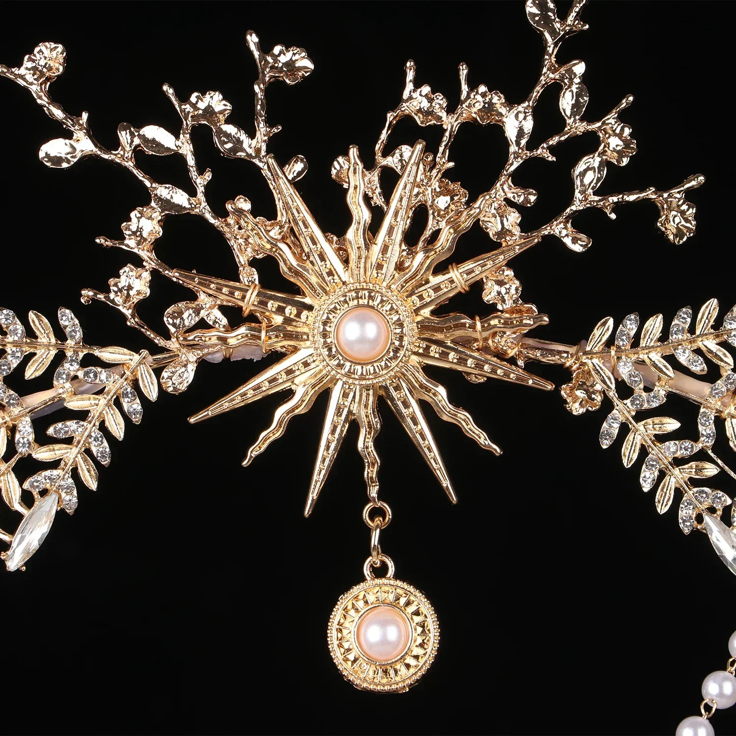 수제 로리타 태양 여신 KC 헤일로 크라운 웨딩 신부 바로크 진주 도금 크리스탈 리프 크라운 헤드 피스 티아라 헤어 액세서리