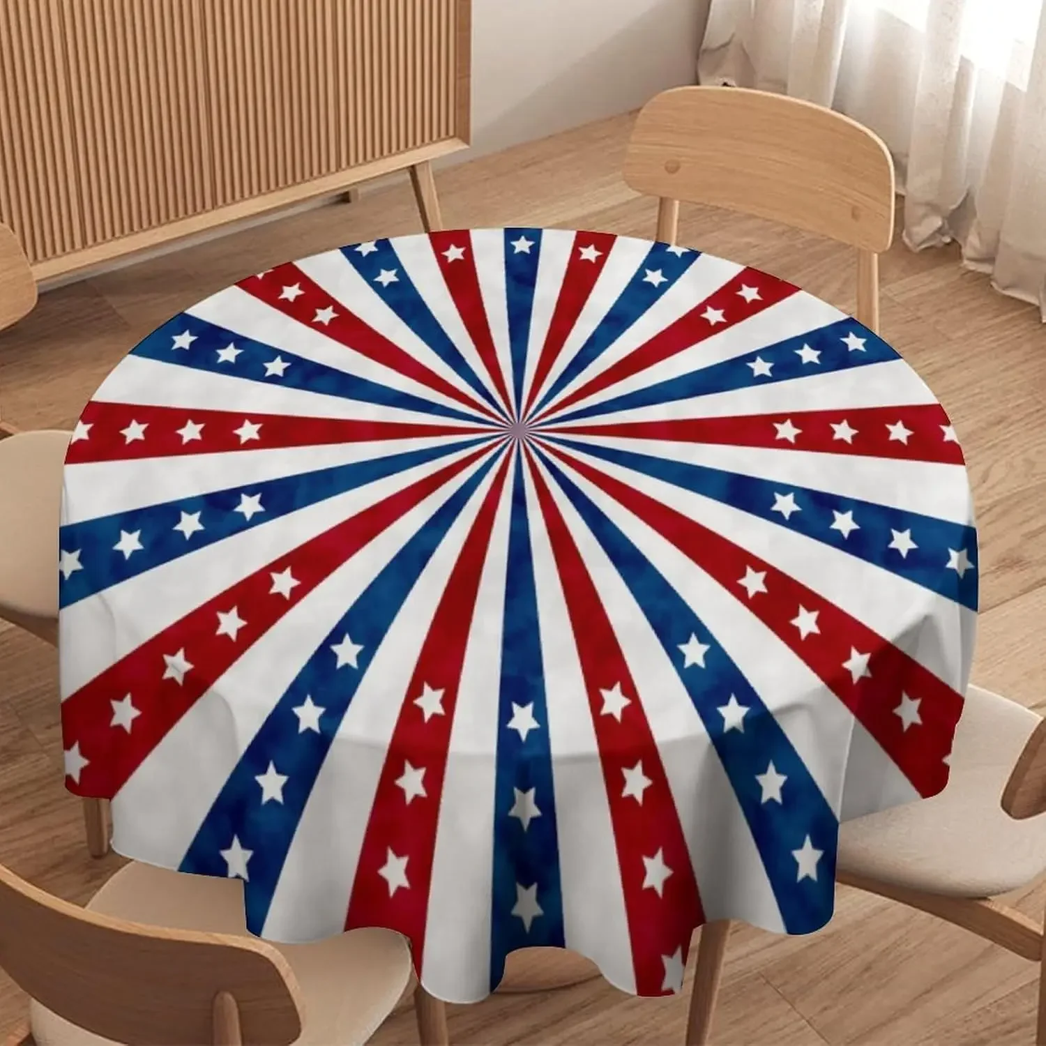 USA Stars Stripes American Flag Circle Tablecloth - 4th of July Memorial Independence Day Wipeable Cover